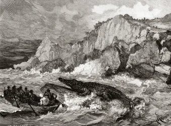 Riesenkrokodil bedroht ein Boot auf dem Kongo-Fluss während einer Expedition im 19. Jahrhundert, aus 